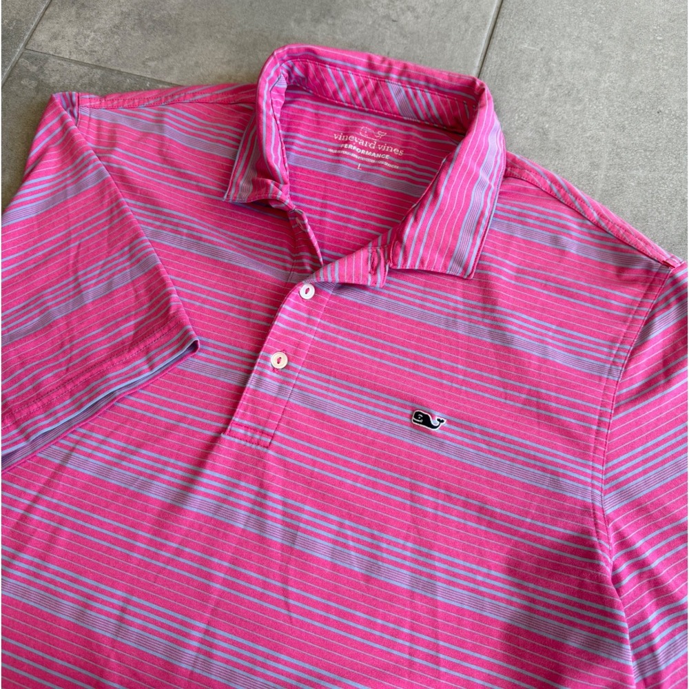 Vineyard Vines Performance Polo Shirt Mens Large Pink Blue Striped Golf Whale L